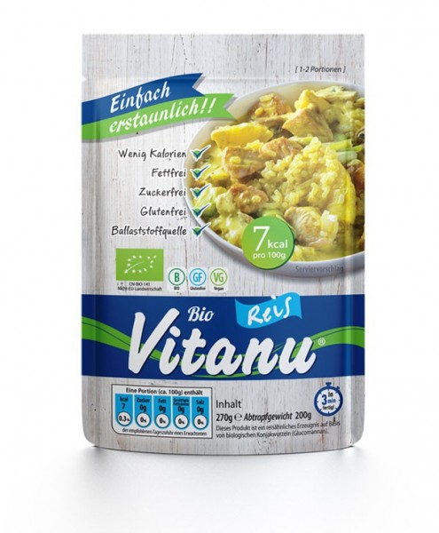 Vitanu Reis, fettfreier, zuckerfreier und glutenfreier Reis aus dem Ballaststoff Glucomannan